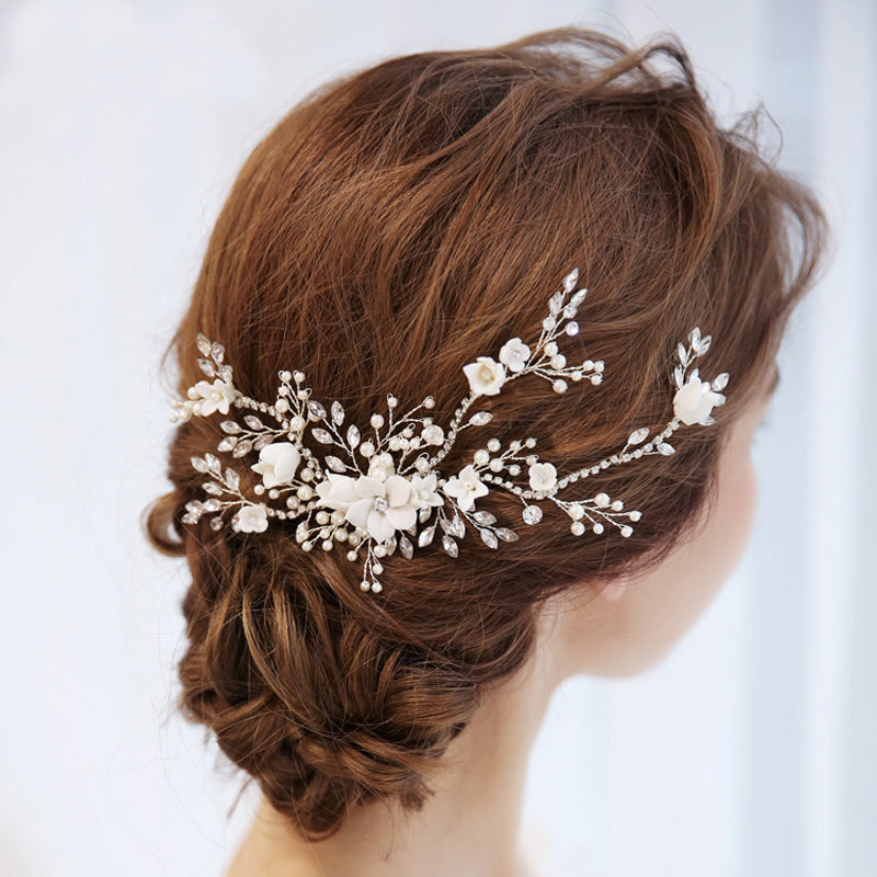 Luxury Ivory Porcelain & Silver Floral Bridal Headpiece Vine The