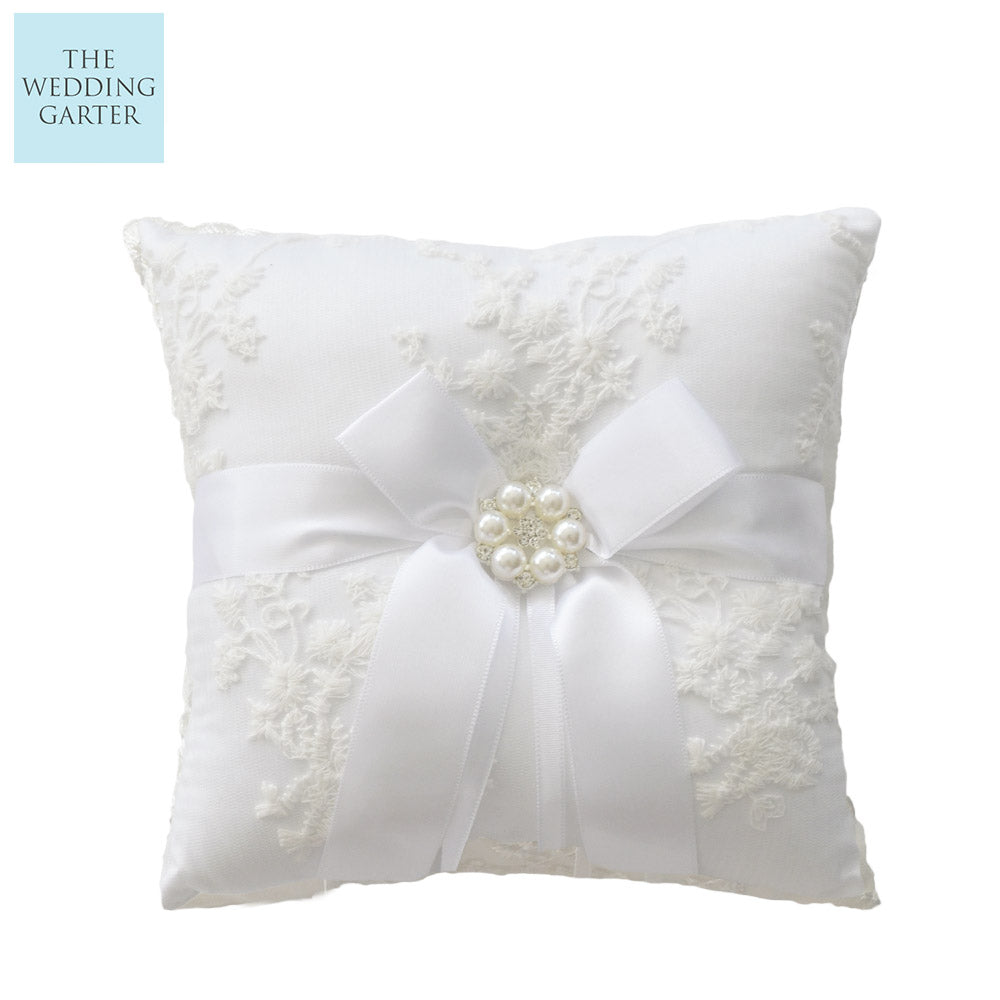 Delicate Ivory Lace & White Satin Ring Bearer Pillow The Wedding Garter
