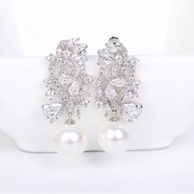 Pearl & Cubic Zirconia Diamond Stud Bridal Earrings