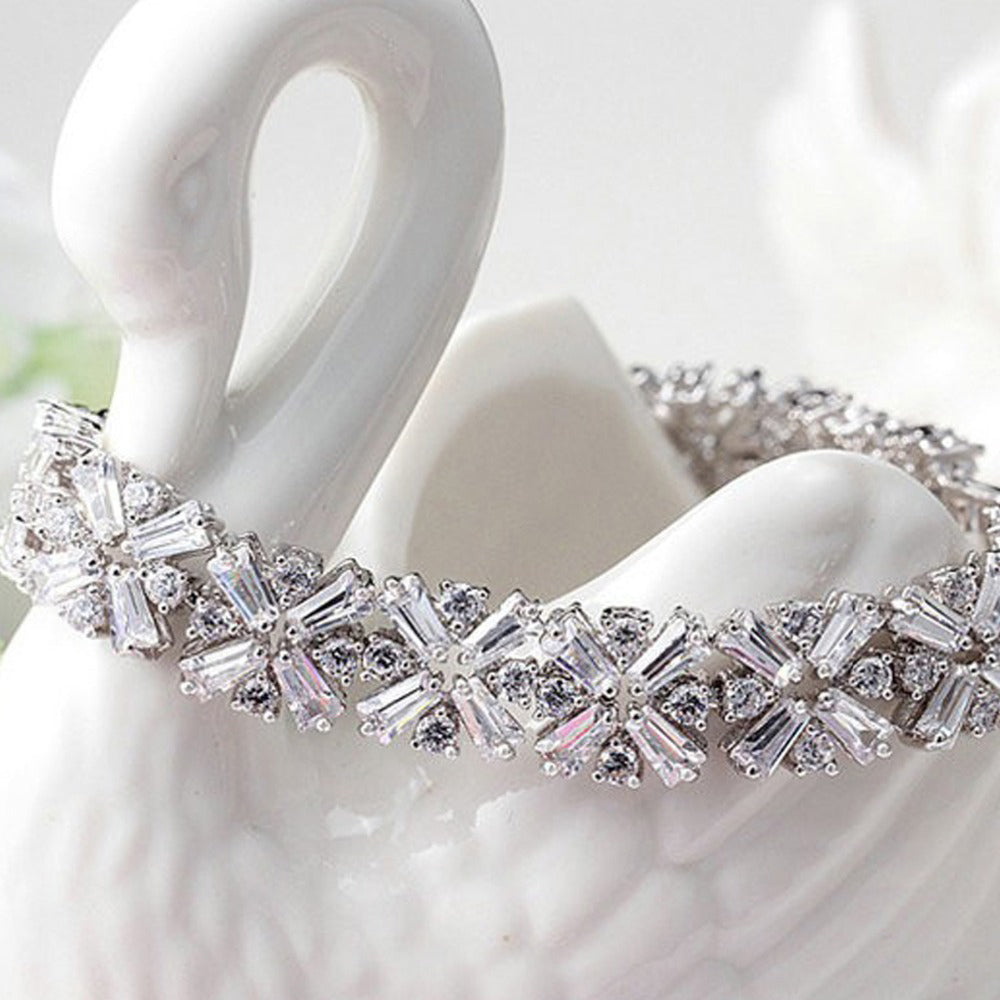 Platinum Plated Clear Cubic Zirconia Cluster Bridal Bracelet