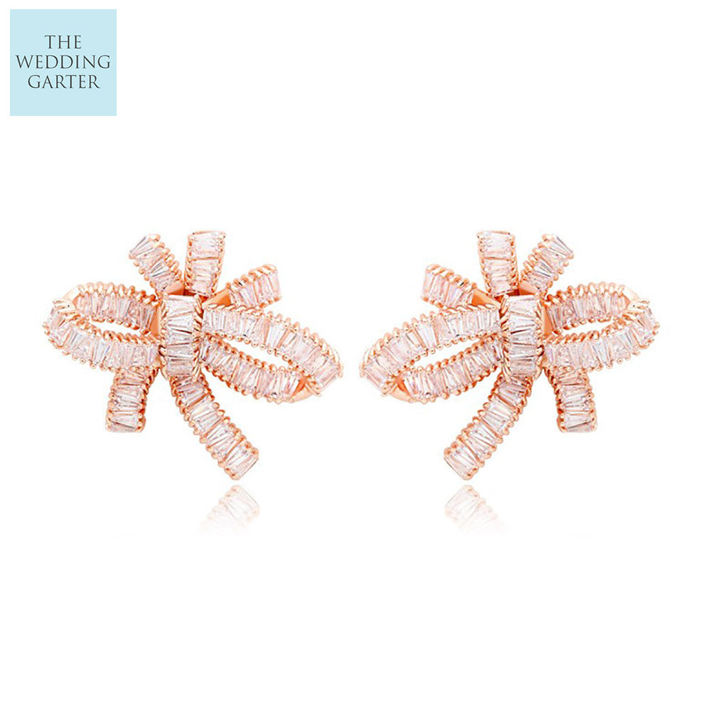 Bow Design Rose Gold Sparkling Cubic Zirconia Wedding Earrings