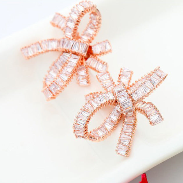 Bow Design Rose Gold Sparkling Cubic Zirconia Wedding Earrings