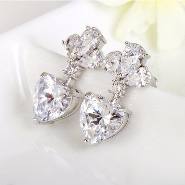 Luxury Clear Zircona Heart Shaped Diamond Drop Bridal Earrings