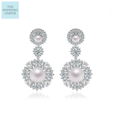 Stunning Pearl & Cubic Zirconia Diamond Long Drop Wedding Earrings