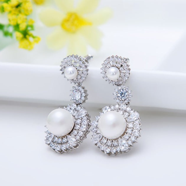 Pearl & Cubic Zirconia Diamond Long Drop Wedding Earrings