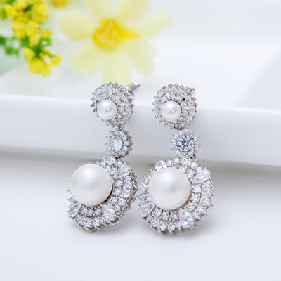 Pearl & Cubic Zirconia Diamond Long Drop Wedding Earrings