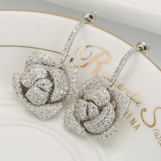 Platinum Plated Large Rose Design Cubic Zirconia Parve Drop Earrings