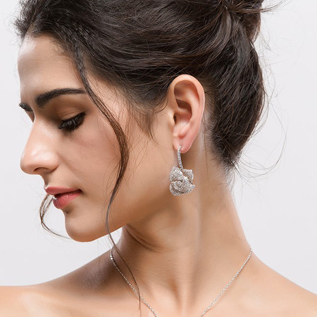 Platinum Plated Large Rose Design Cubic Zirconia Parve Drop Earrings