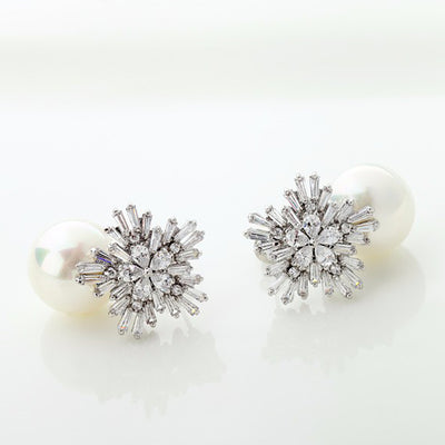Elegant Pearl & Cubic Zirconia Diamond Stud Wedding Earrings