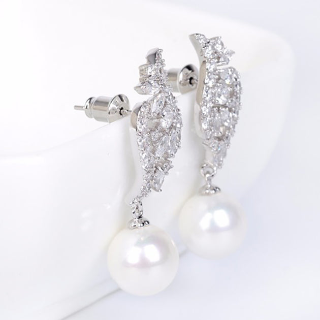 Pearl & Cubic Zirconia Pendant Drop Bridal Earrings