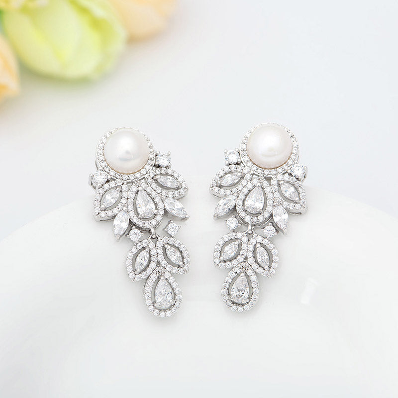 Womens Pearl & Cubic Zirconia Diamond Drop Bridal Earrings