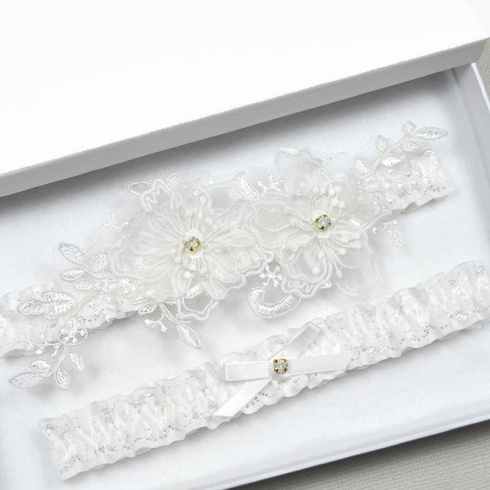 Ivory Organza Flowers Garter Set With Opal Charms