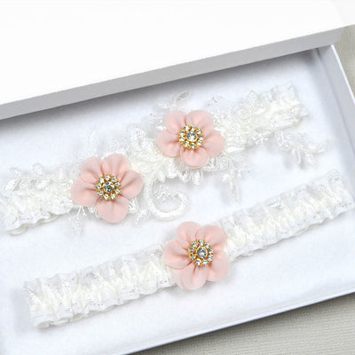Ivory Lace Applique Garter Set With Pink Flowers