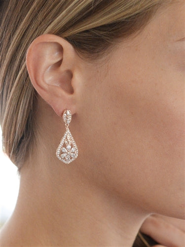 Silver CZ Crystal Floral Dropper Earrings