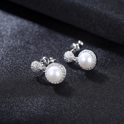 Genuine Natural Pearl & CZ Pearl Drop Bridal Earrings
