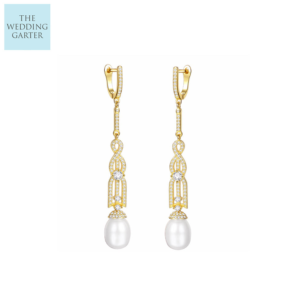Gold Art Deco Style Long Drop Real Pearl Bridal Earrings