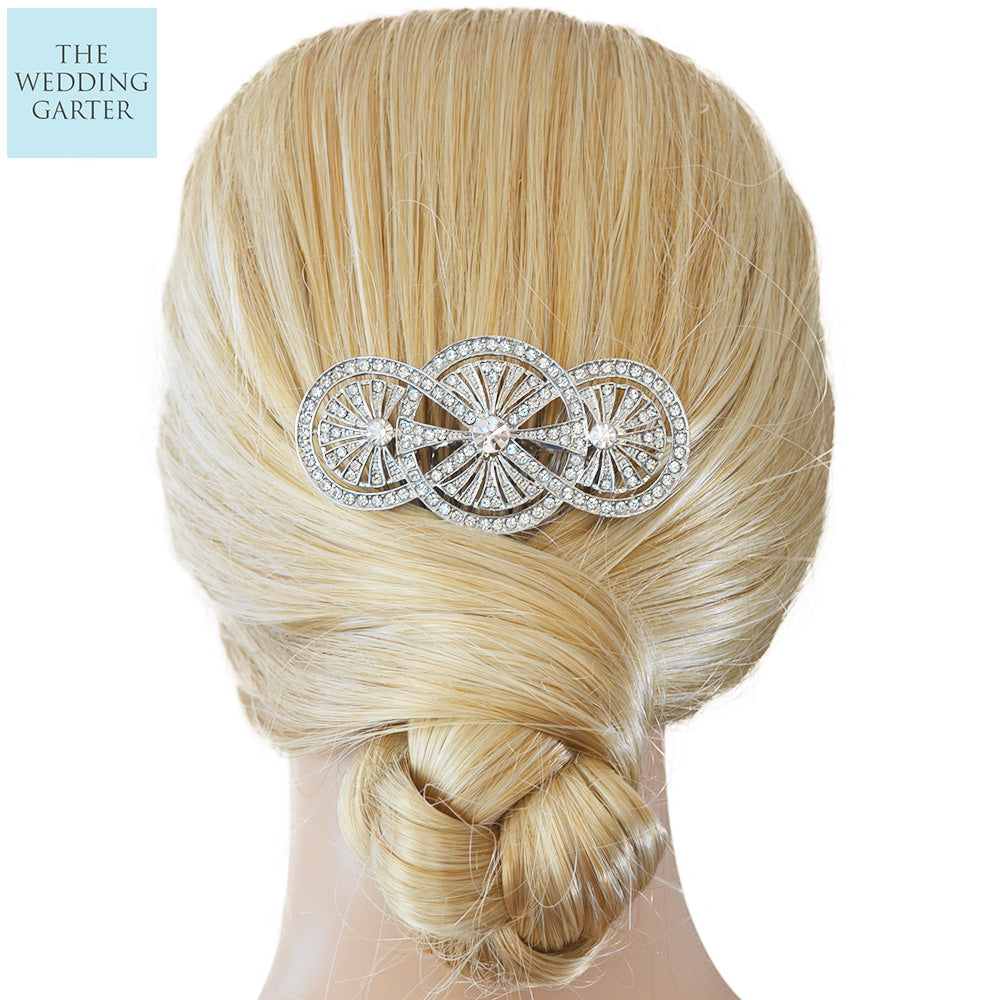 Art Deco Style White Gold Rhinestone Bridal Hair Comb