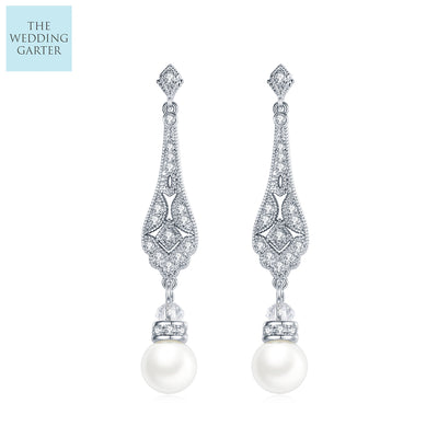 Art Deco Long Drop Pearl Bridal Earrings