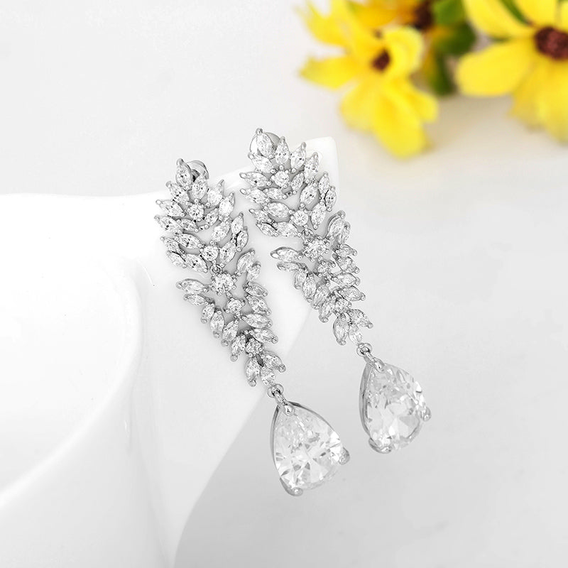 Luxury Women's Long Drop Pear CZ Diamond Earrings