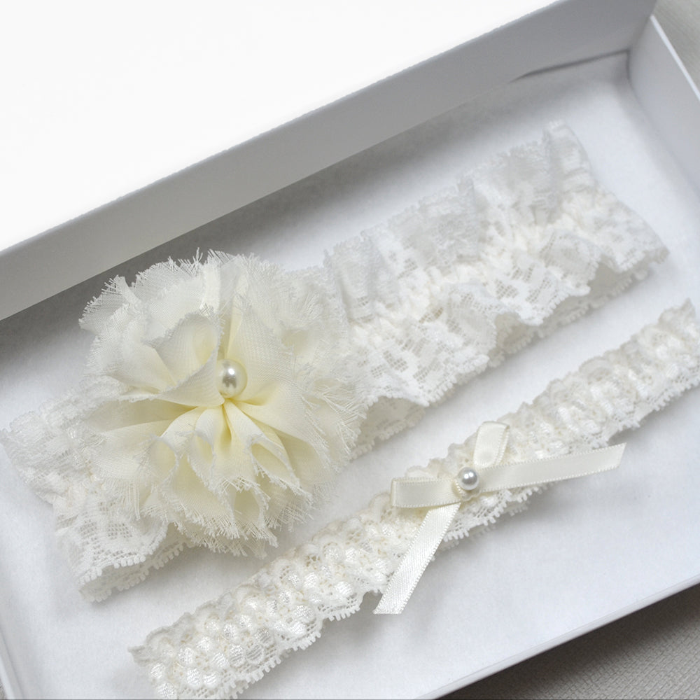 Flora Ivory Lace Floral Bridal Garter Set For Wedding