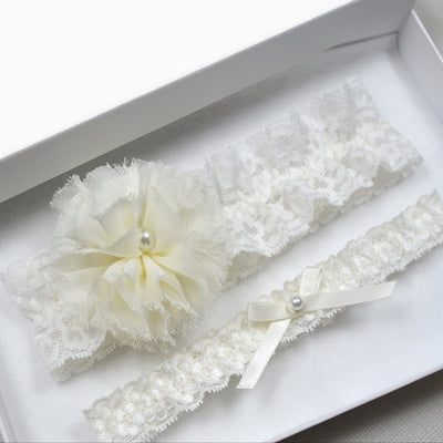 Flora Ivory Lace Floral Bridal Garter Set For Wedding