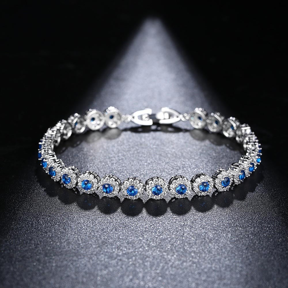 Sapphire Blue Cubic Zirconia Round Cluster Bracelet