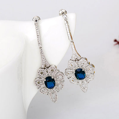 Sapphire Blue CZ Diamond Vintage Style Long Drop Earrings