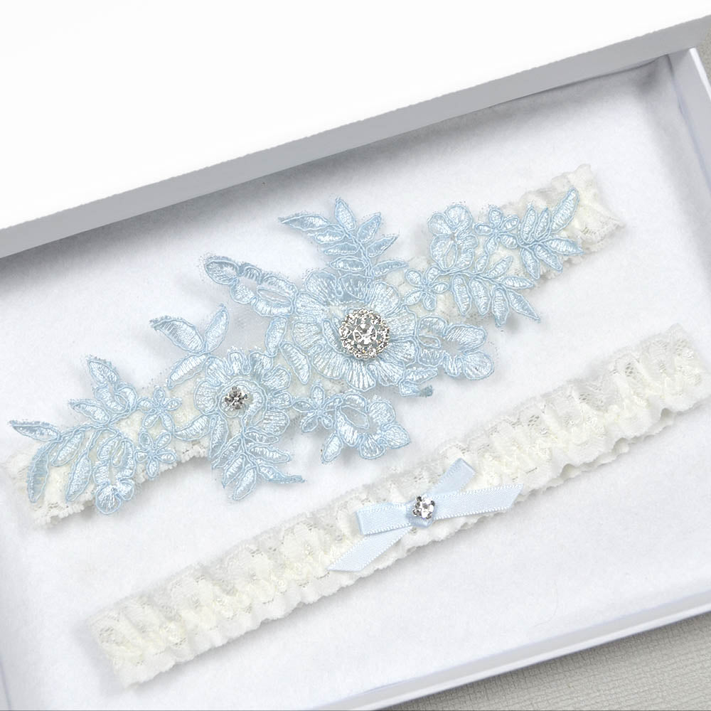 Ivory Floral Lace With Blue Applique Bridal Garter Set – The