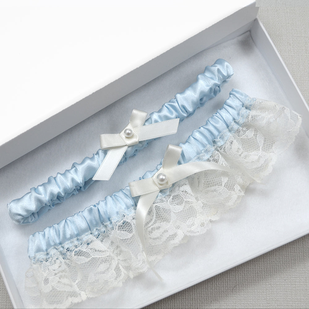 blue satin garter set