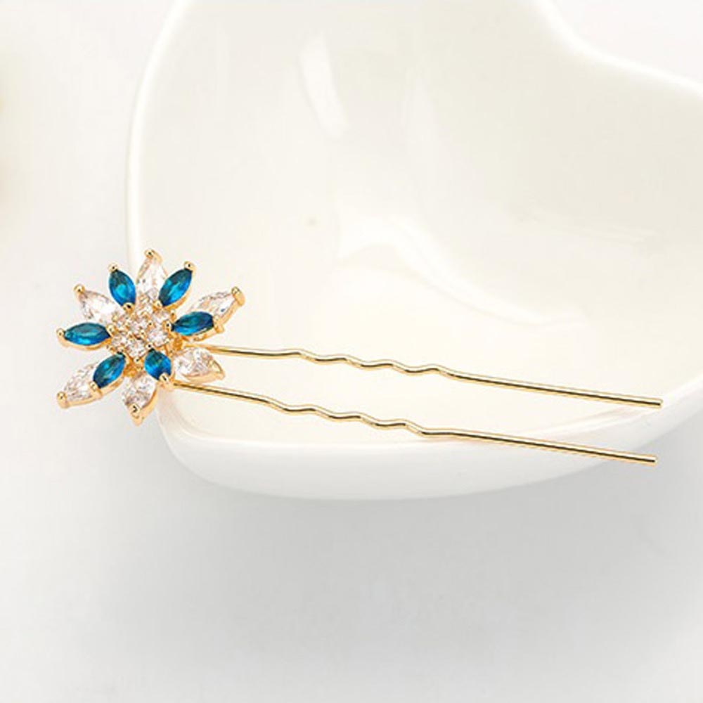 Blue CZ Diamond Flower Design Gold Hair Pin