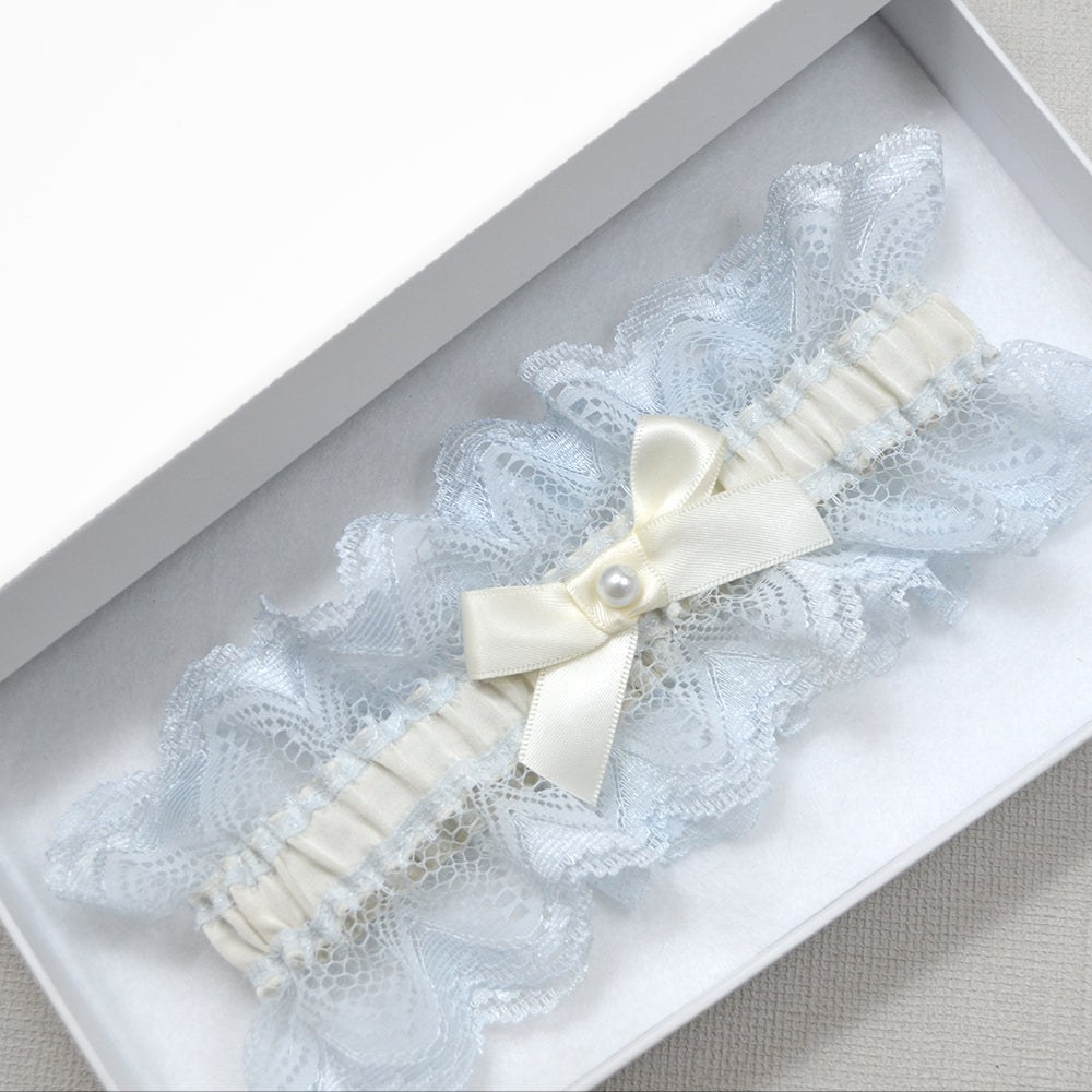 Melody Ivory Satin and Blue Lace Trim Bridal Garter