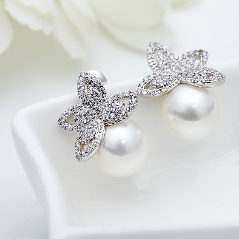 Unique Pearl & CZ Diamond Stud Wedding Earrings
