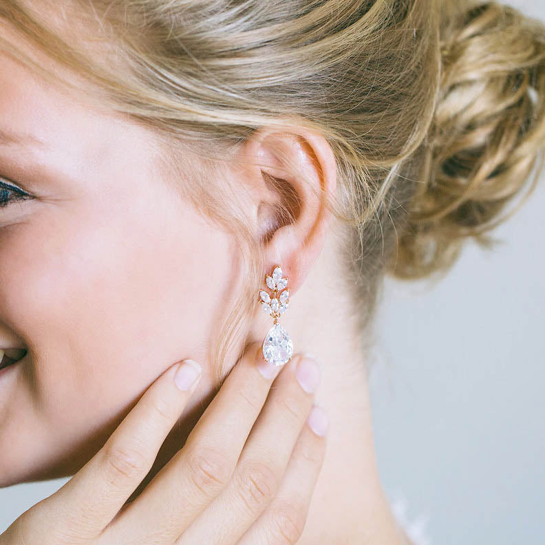 Rose Gold Tear Drop CZ Diamond Bridesmaid Earrings