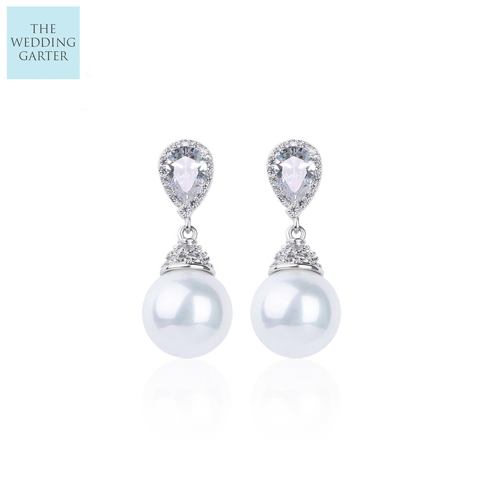 Classic White Pearl & CZ Diamond Drop Earrings
