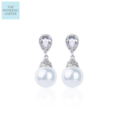Classic White Pearl & CZ Diamond Drop Earrings