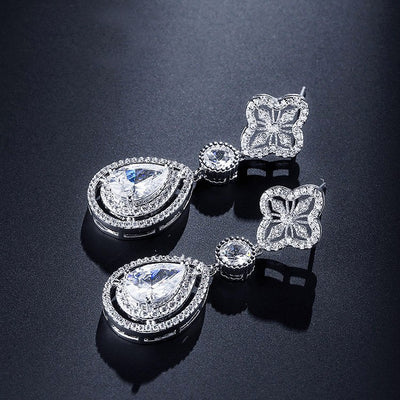 Luxury Art Deco Style CZ Silver Tear Drop Earrings (2 Colours)