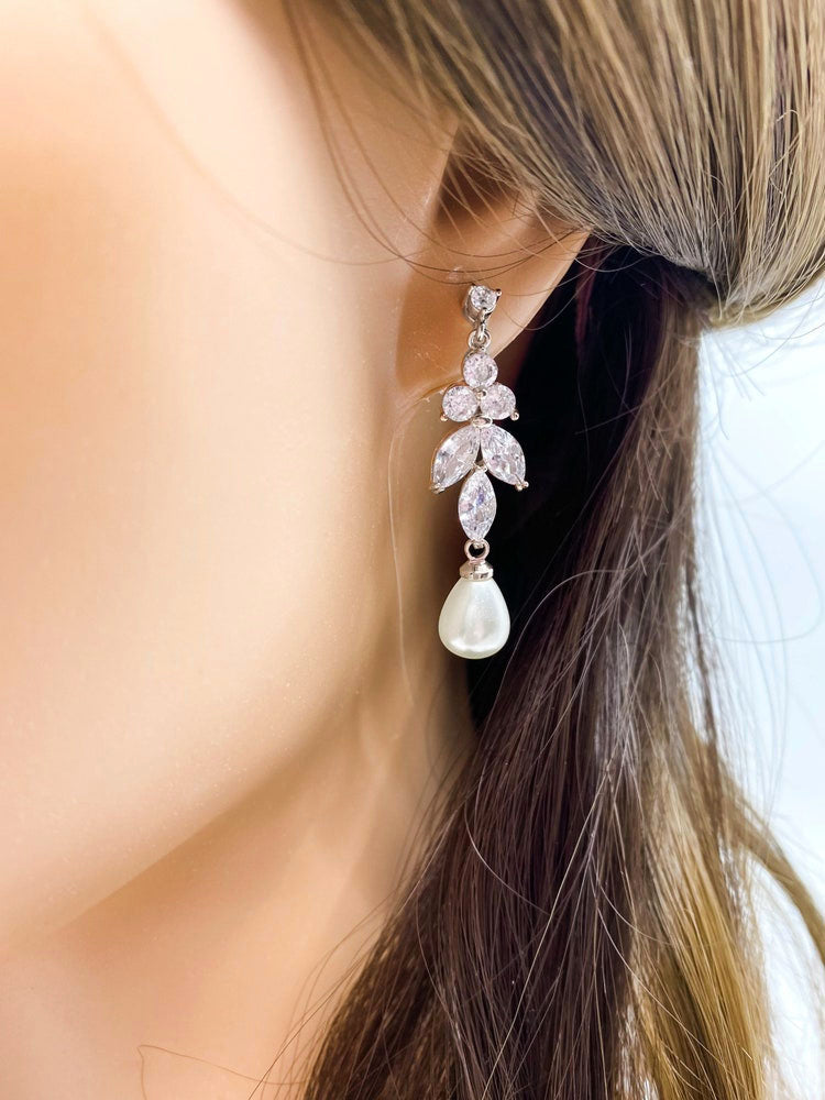 Pearl Earrings For Brides With CZ Diamonds