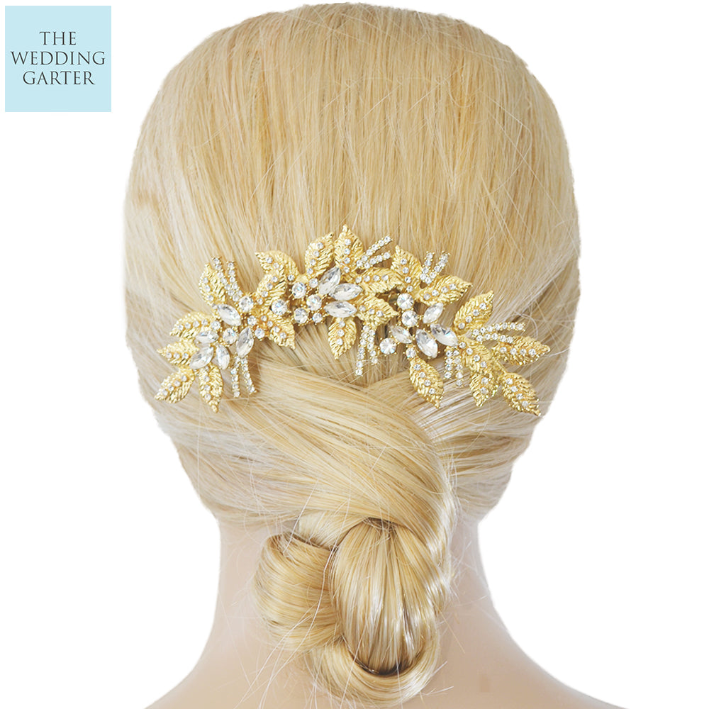 Gold Leaf Bridal Headpiece Comb With Crystals