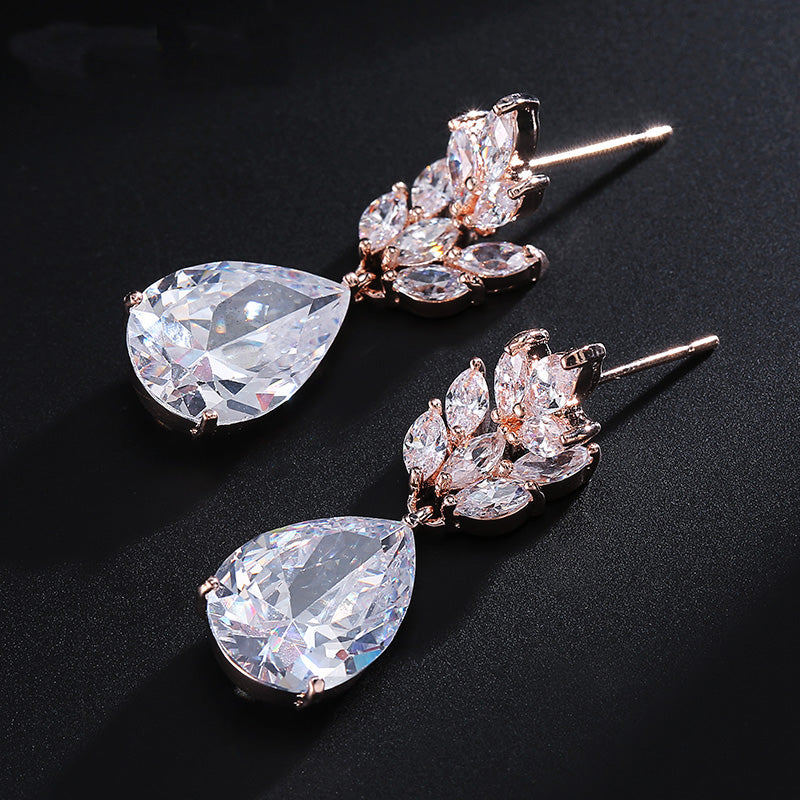 Silver Water Drop CZ Diamond Marquise Bridal Earrings