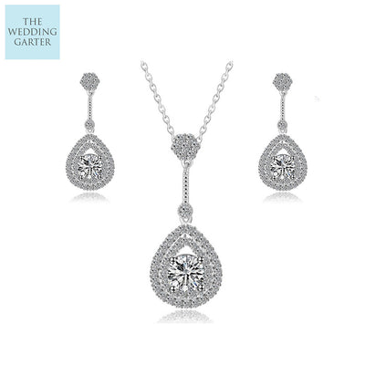 CZ drop earrings and pendant necklace bridal jewellery set