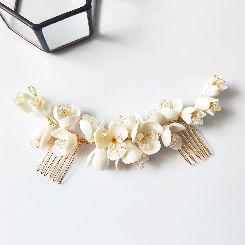 Ivory Porcelain Flowers & Gold Bridal Hair Piece