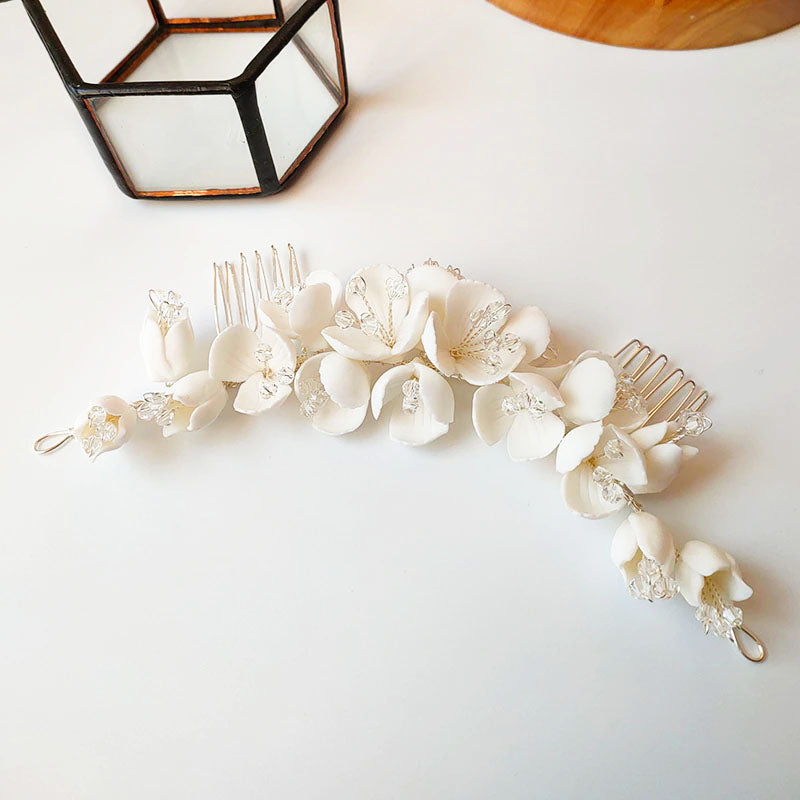 Ivory Porcelain Flowers & Gold Bridal Hair Piece