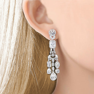Gorgeous Long Silver CZ Diamond Bridal Earrings