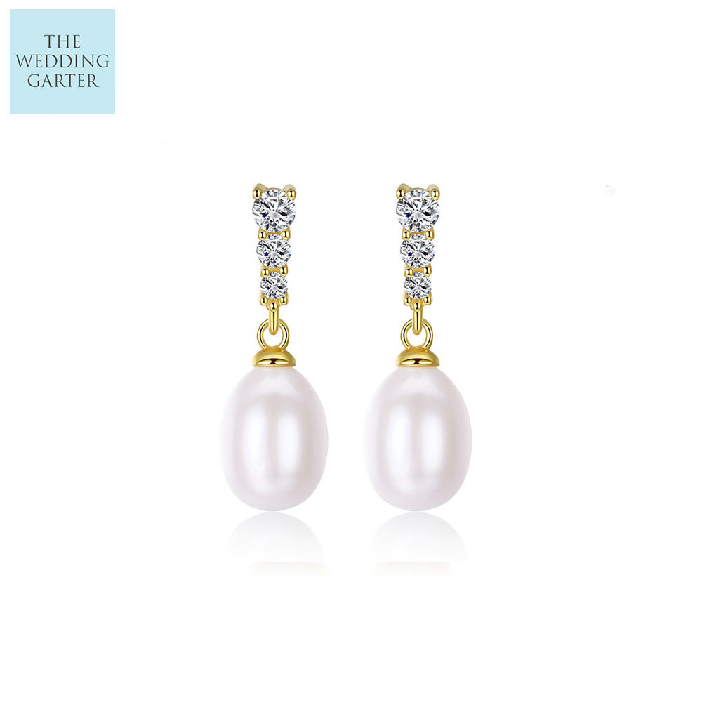 Dainty Pink Real Pearl & Gold CZ Diamond Bridal Earrings