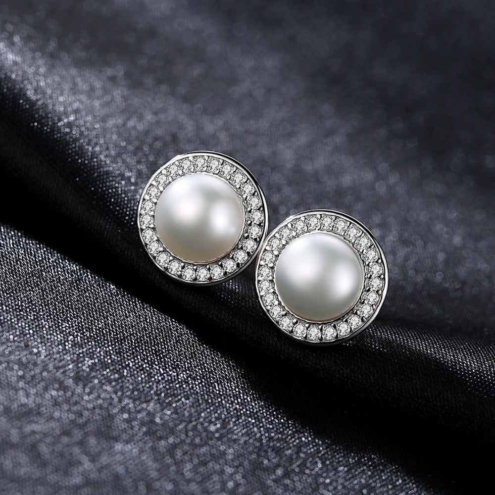 Classic Halo Stud Natural Pearl & CZ Earrings For Brides