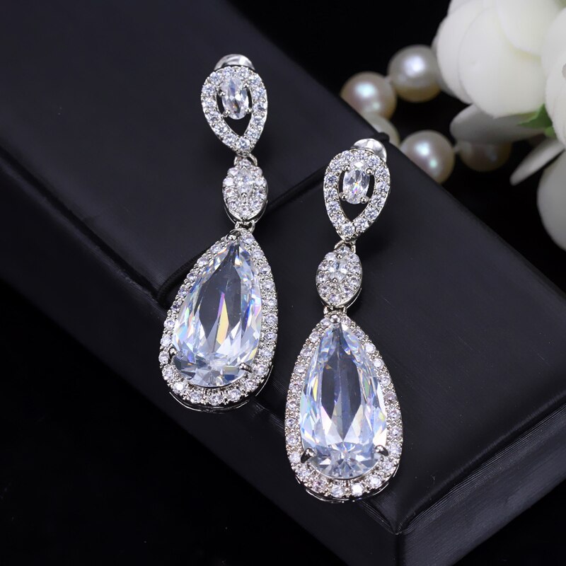 Cubic Zirconia Diamond Long Waterdrop Bridal Earrings
