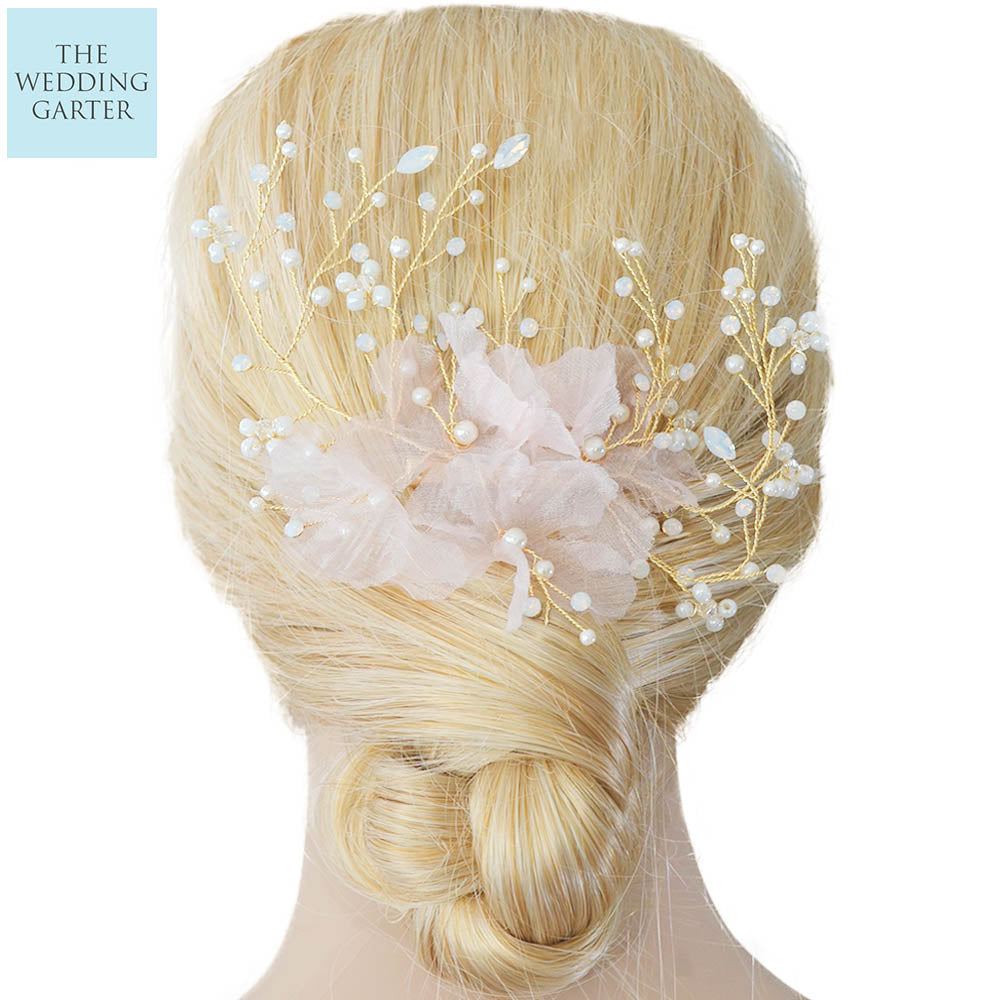 Gold & Pink Organza Flowers Wedding Hair Accessories