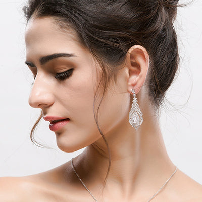 Luxury CZ Diamond Long Dangle Feather Earrings