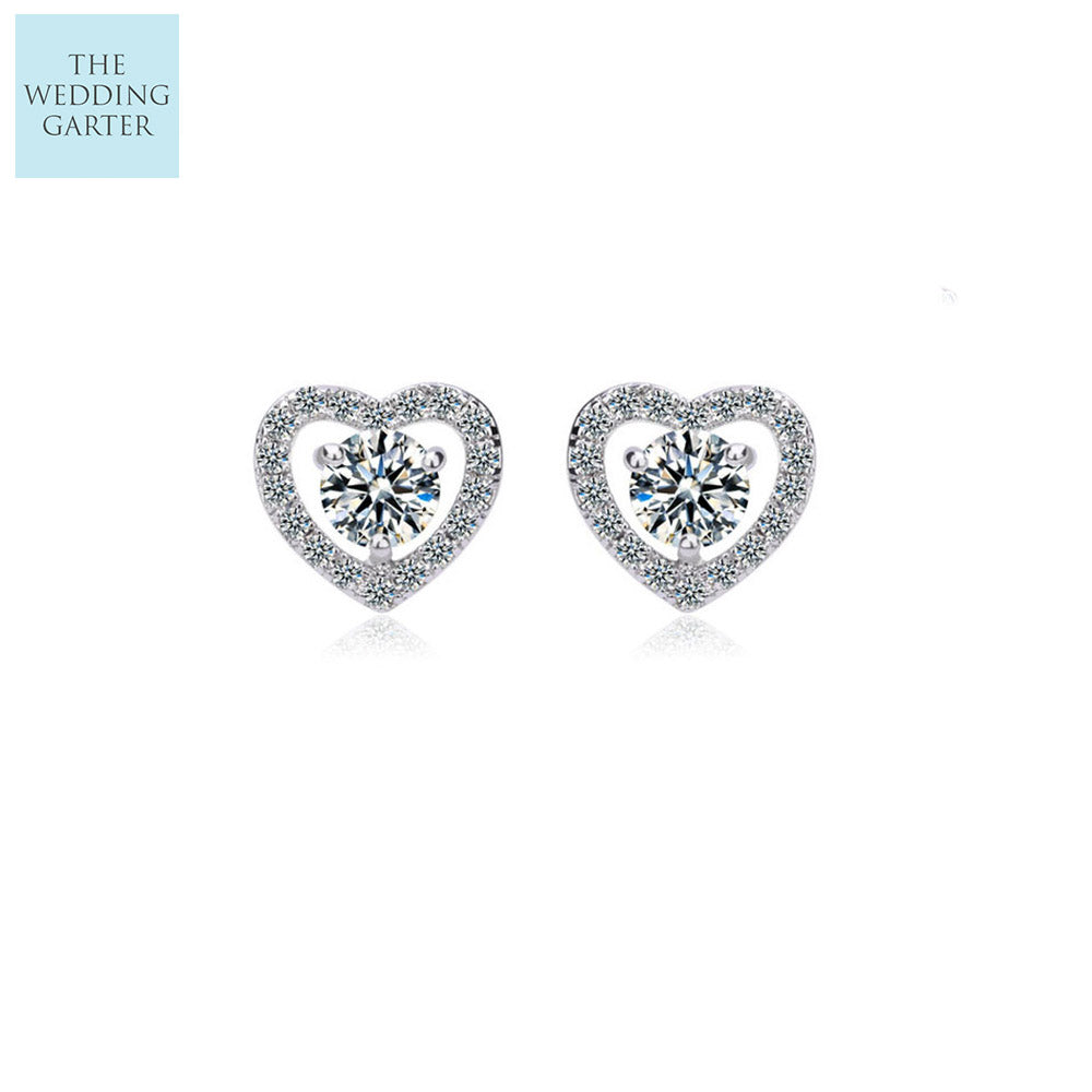 silver love heart diamond earrings