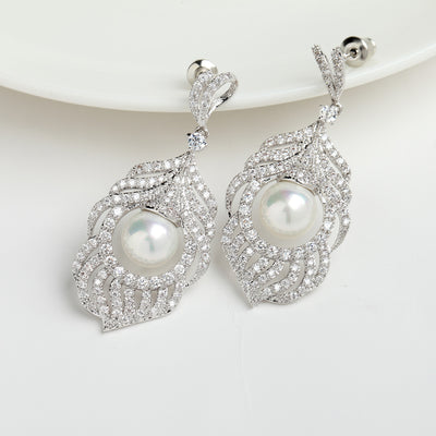 Micro Paved CZ Diamond & Pearl Feather Drop Bridal Earrings